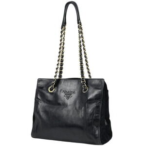 Prada Logo Chain Tote Bag Shoulder Nero Black